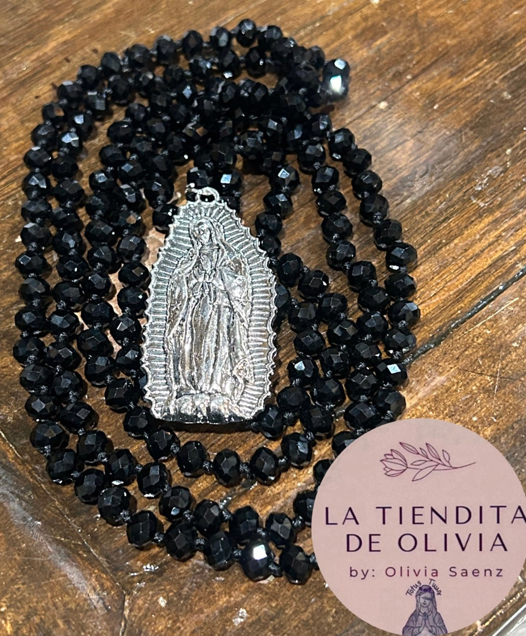 Virgencita de Guadalupe Black Crystal Necklace - 58” long
