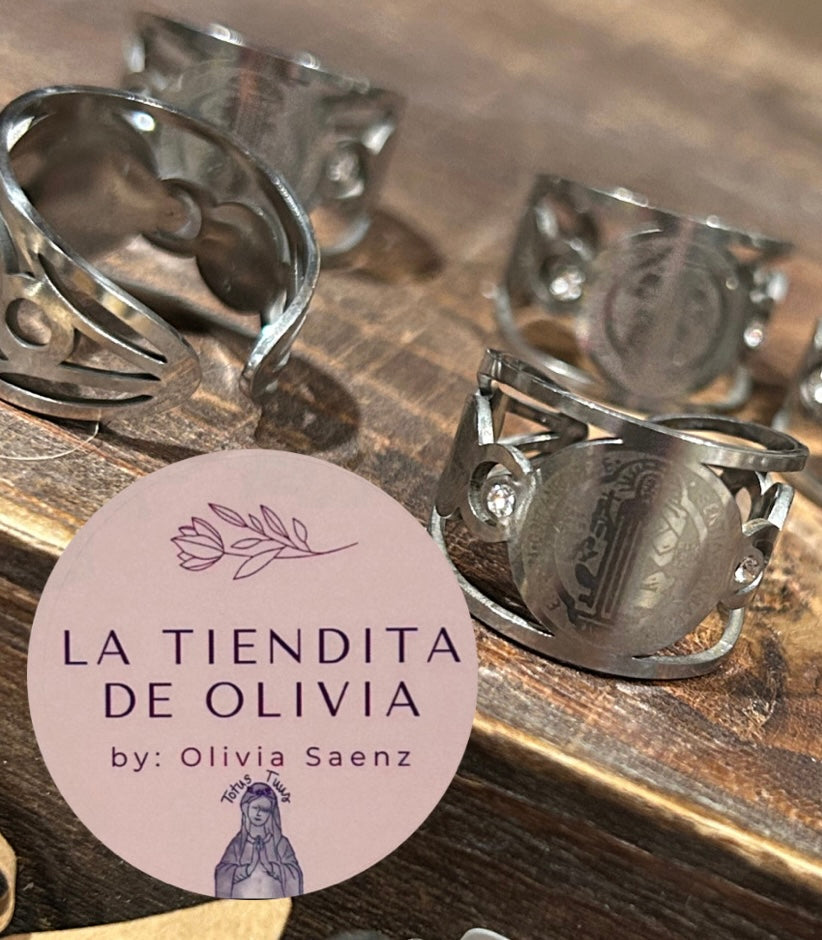 Silver Saint Benedict Ring Adjustable- Stainless Steel