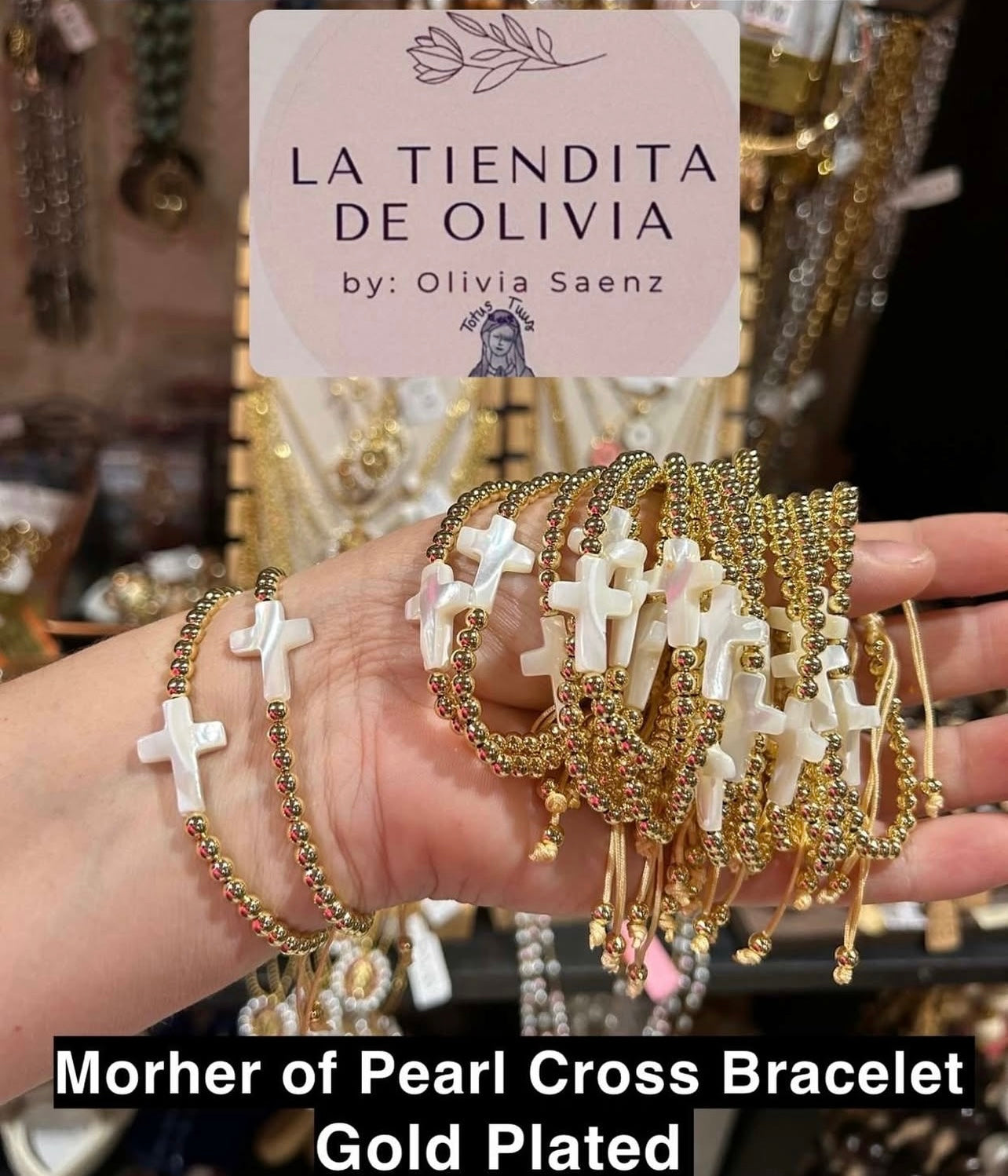 Morher of Pearl Cross Bracelet Adjustable
Gold Plated