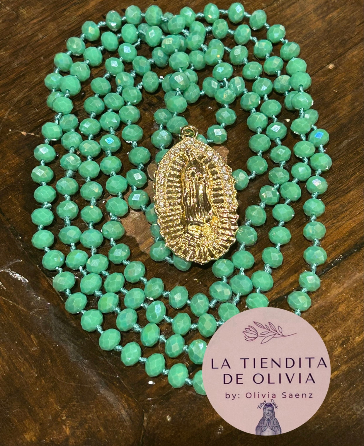 Virgencita de Guadalupe Oro Laminado Turquoise Crystal Necklace - 60” long