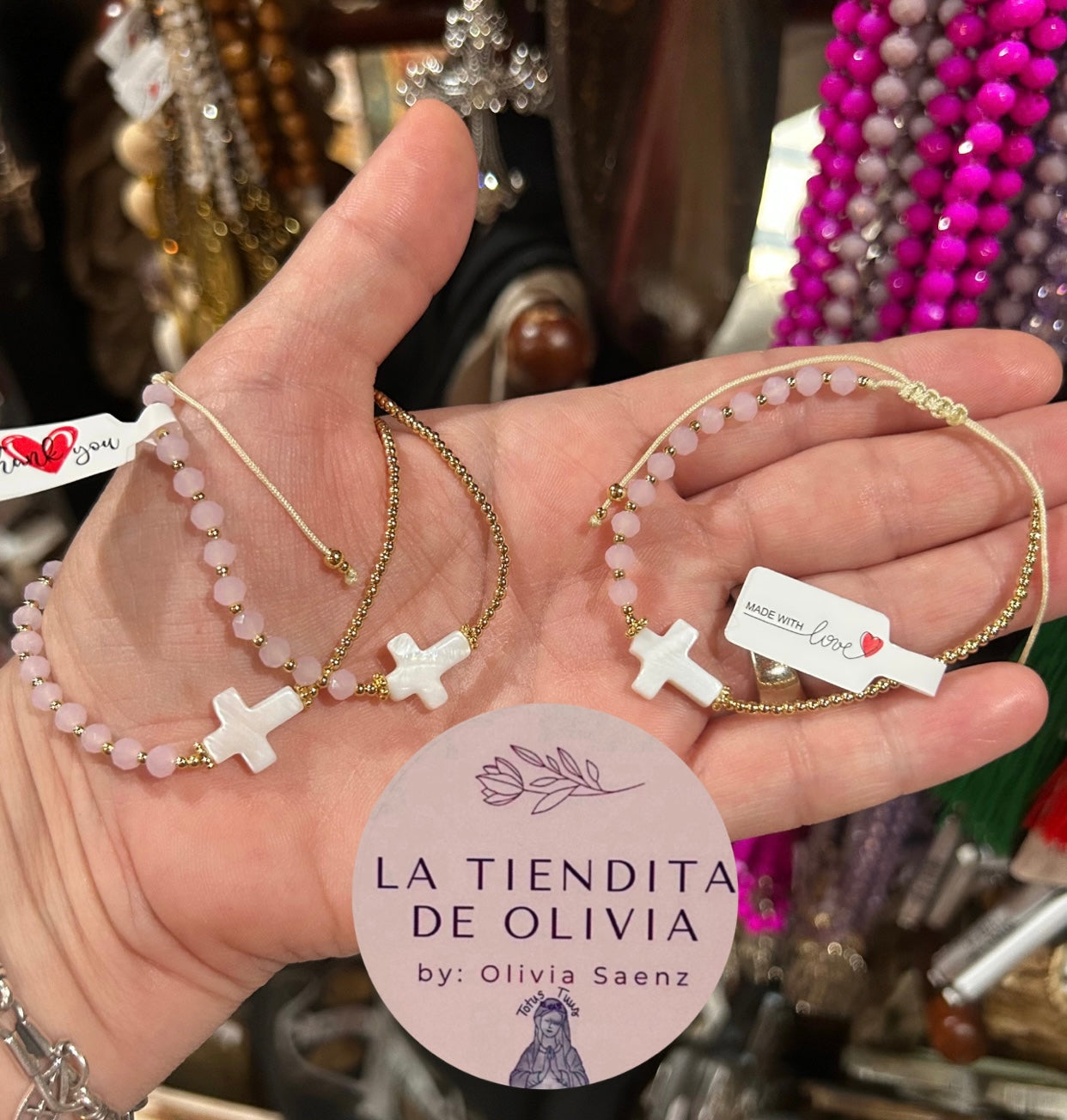 Mother of Pearl Cross Adjustable Bracelet Pink