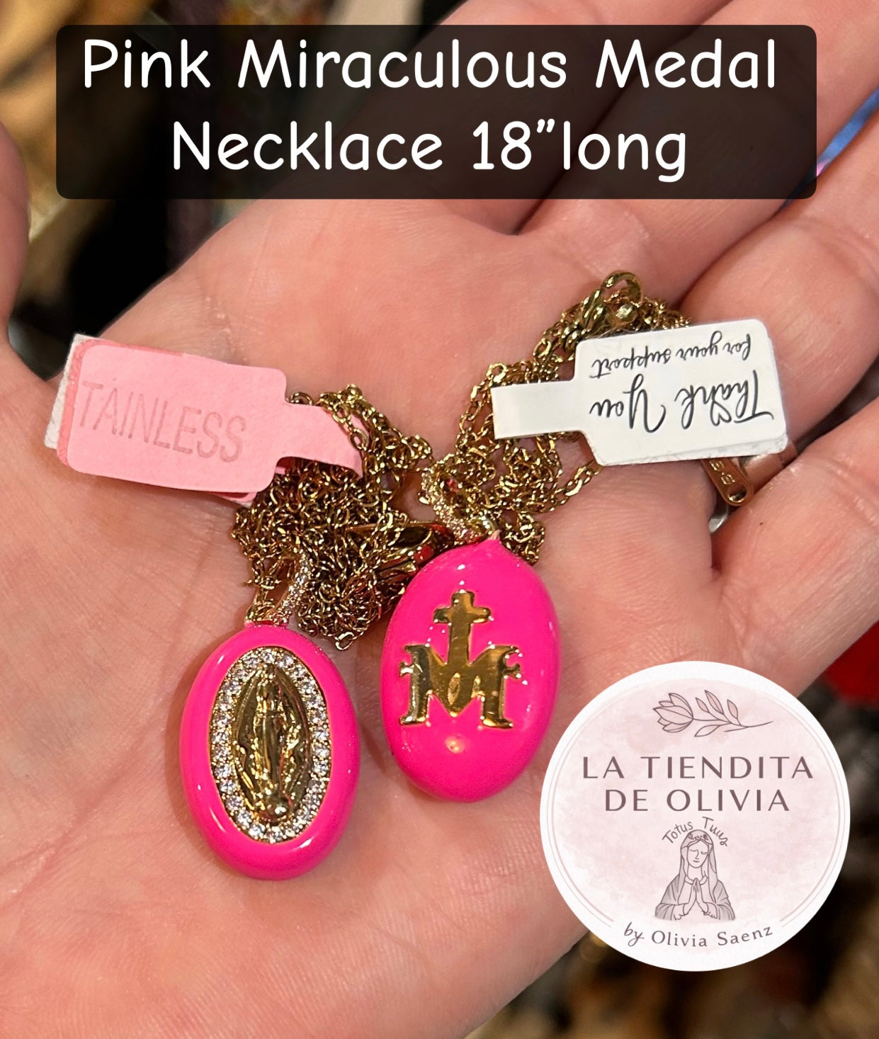 Pink Miraculous Medal Necklace 18”long
