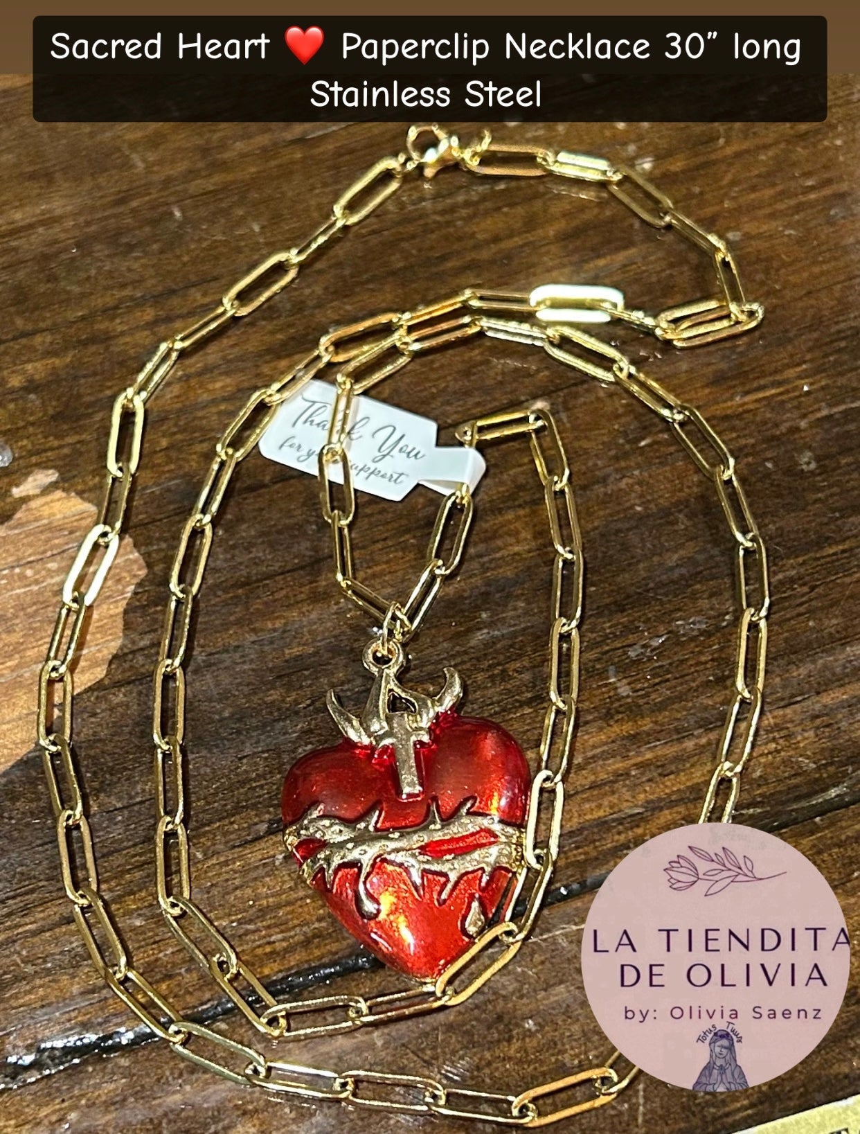 Sacred Heart ❤️ Paperclip Necklace 30” long Stainless Steel
