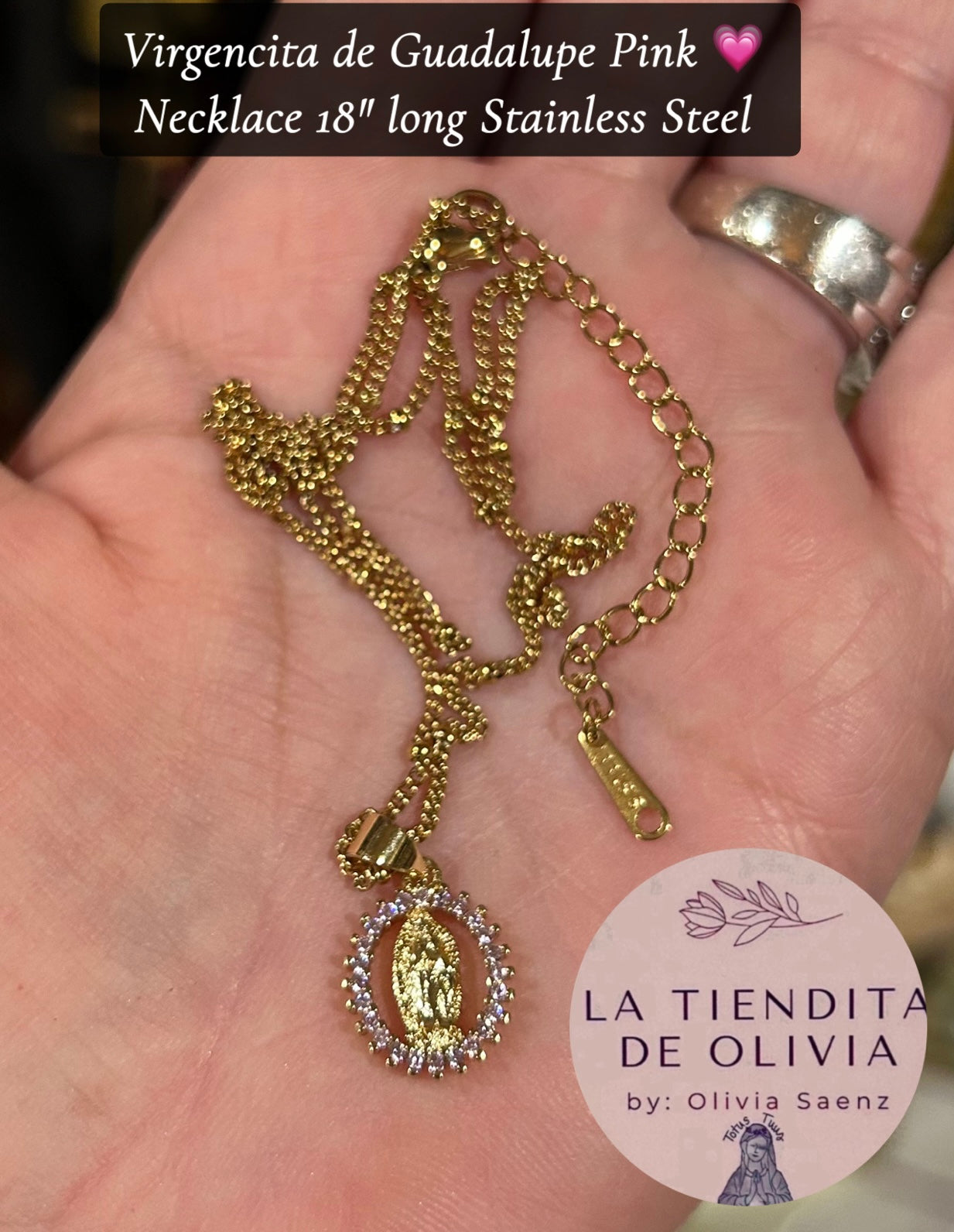 Virgencita de Guadalupe Pinkđź’—Necklace 18" long Stainless Steel