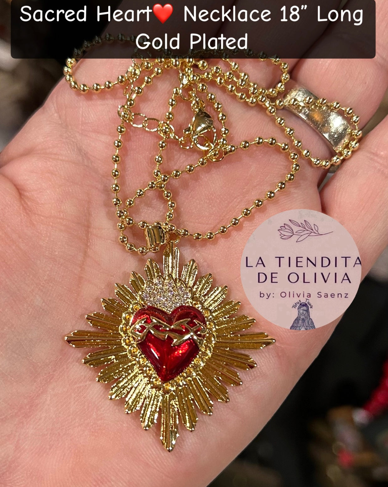 Sacred Heart❤️ Necklace 18” Long Gold Plated