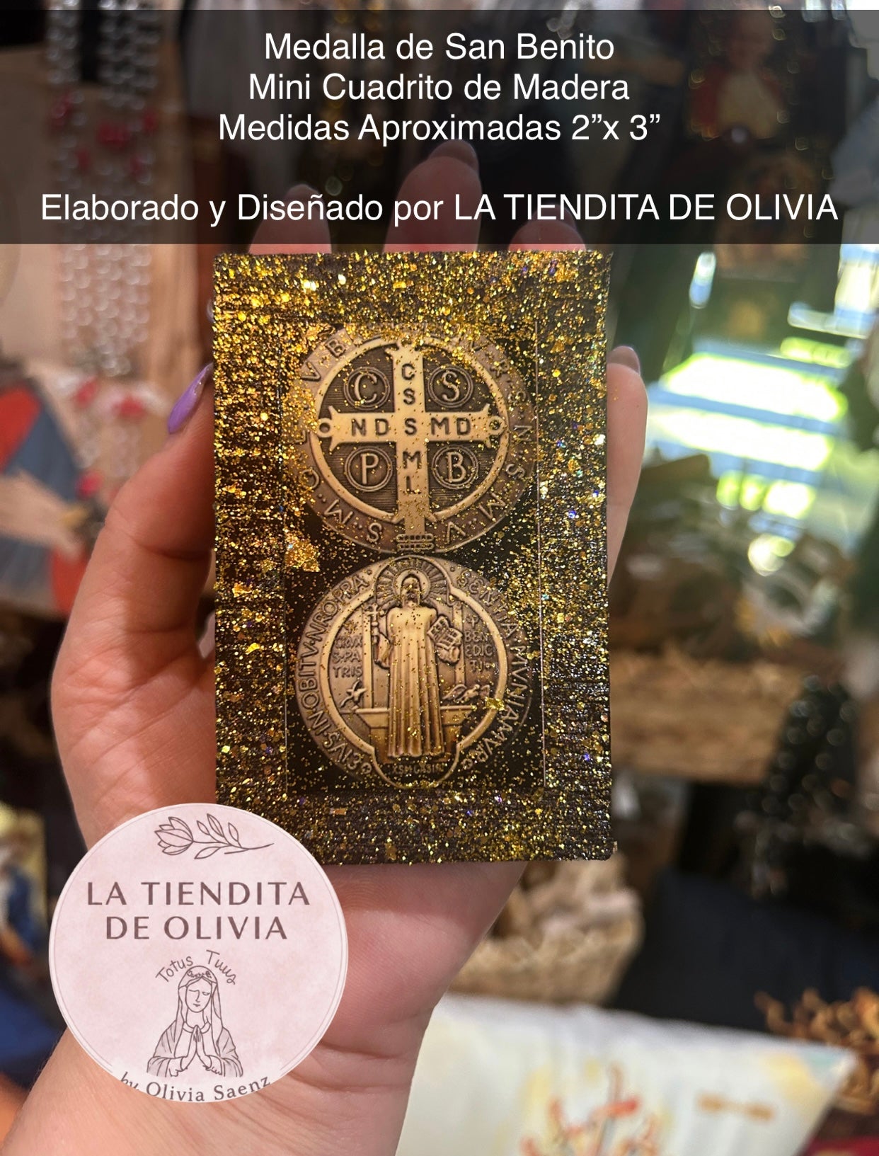 Medalla de San Benito Mini Cuadrito de Madera
Medidas Aproximadas 2”x 3”
Elaborado y Diseñado por LA TIENDITA DE OLIVIA