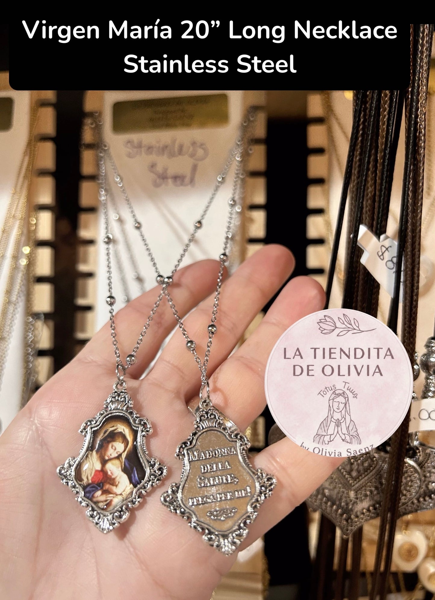 Virgen María 20" Long Necklace
Stainless Steel