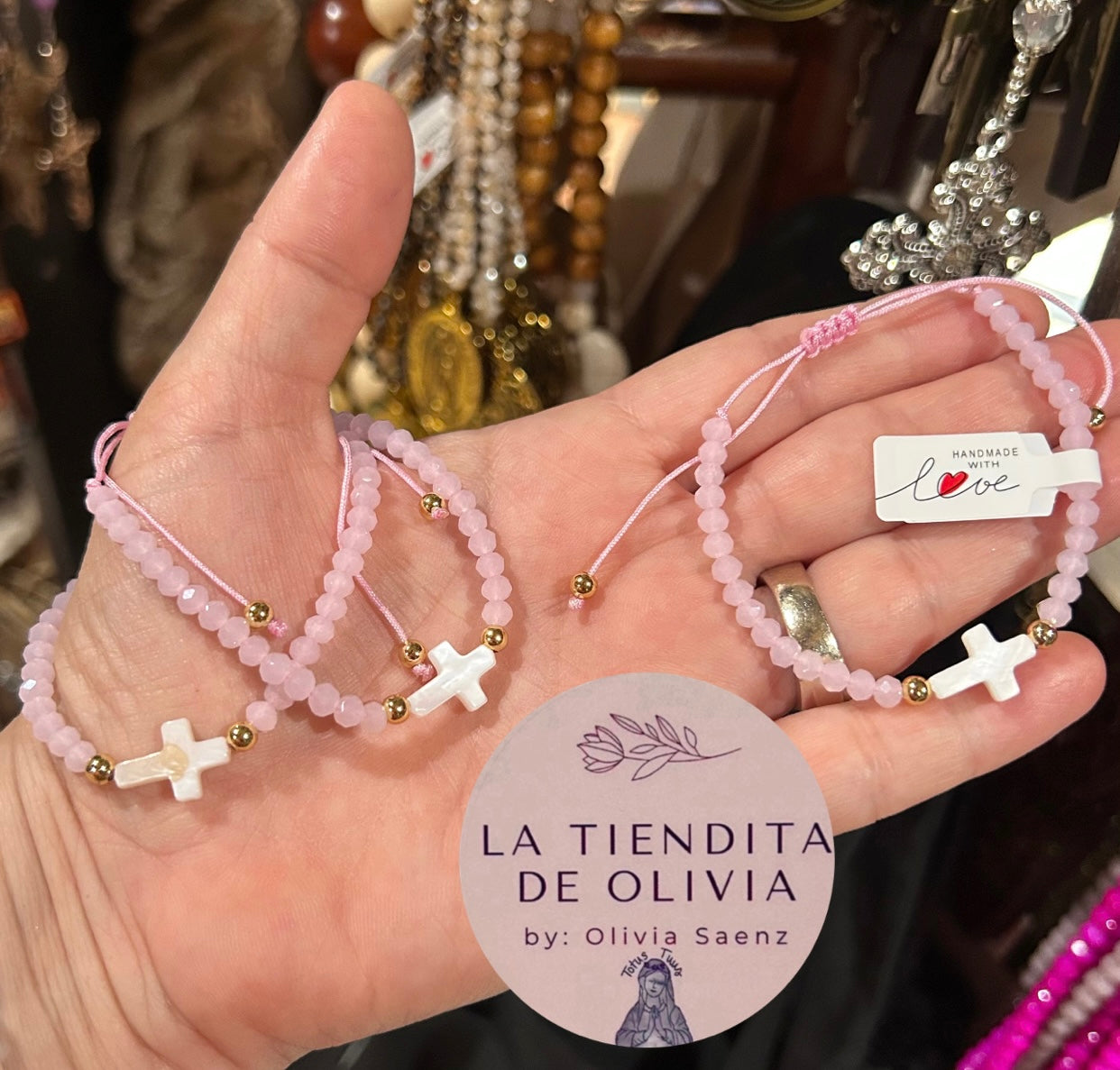 Mother of Pearl Cross Pink💗Bracelet Adjustable