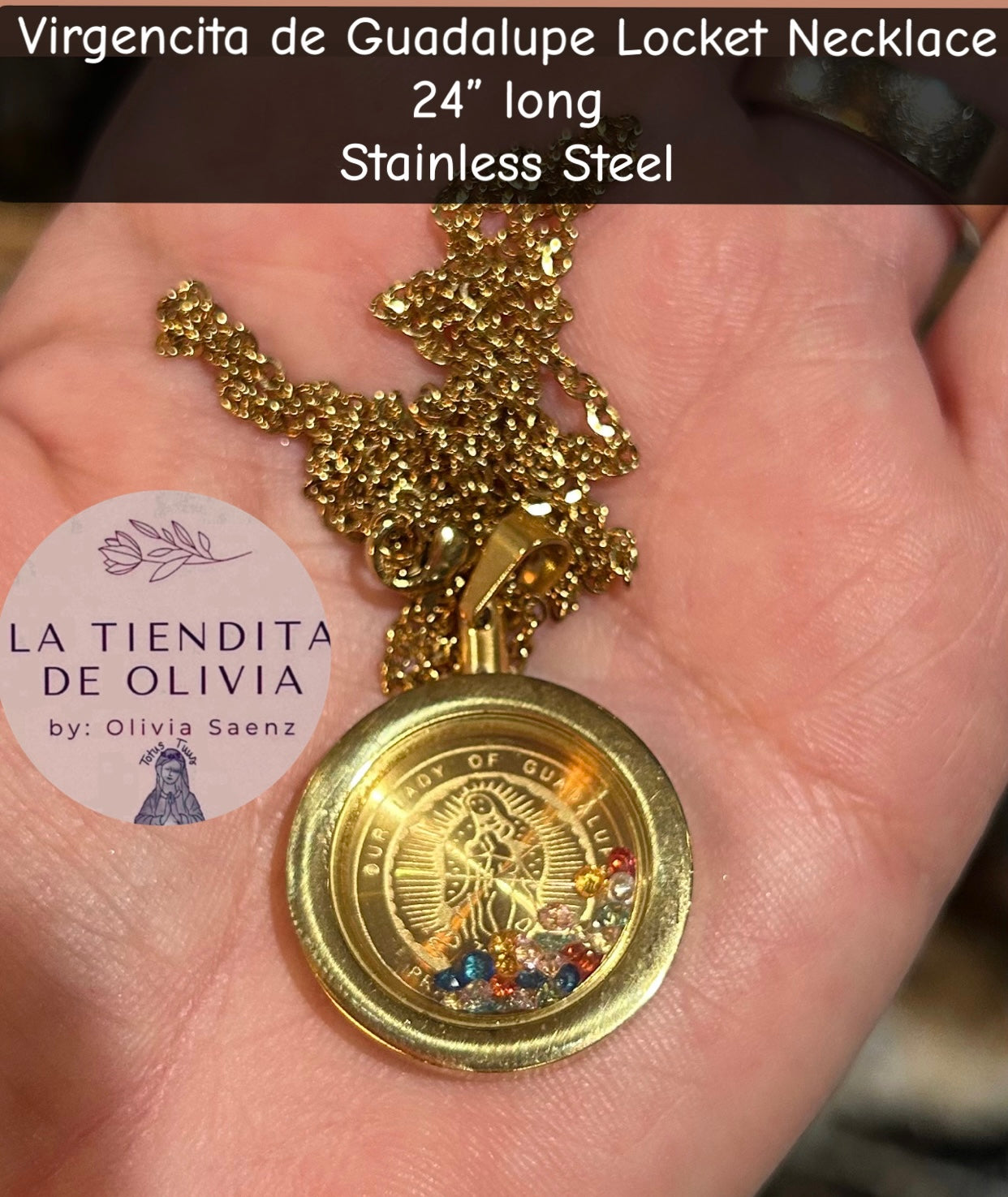 Virgencita de Guadalupe Locket Necklace 24” long Stainless Steel