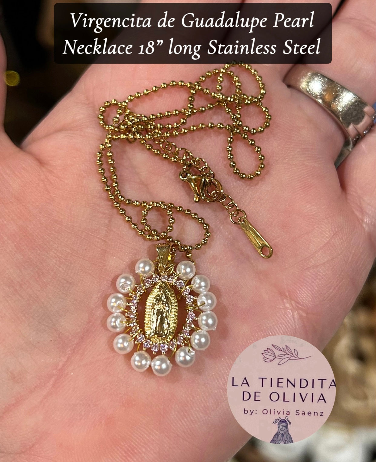 Virgencita de Guadalupe Pearl. Necklace 18” long Stainless Steel