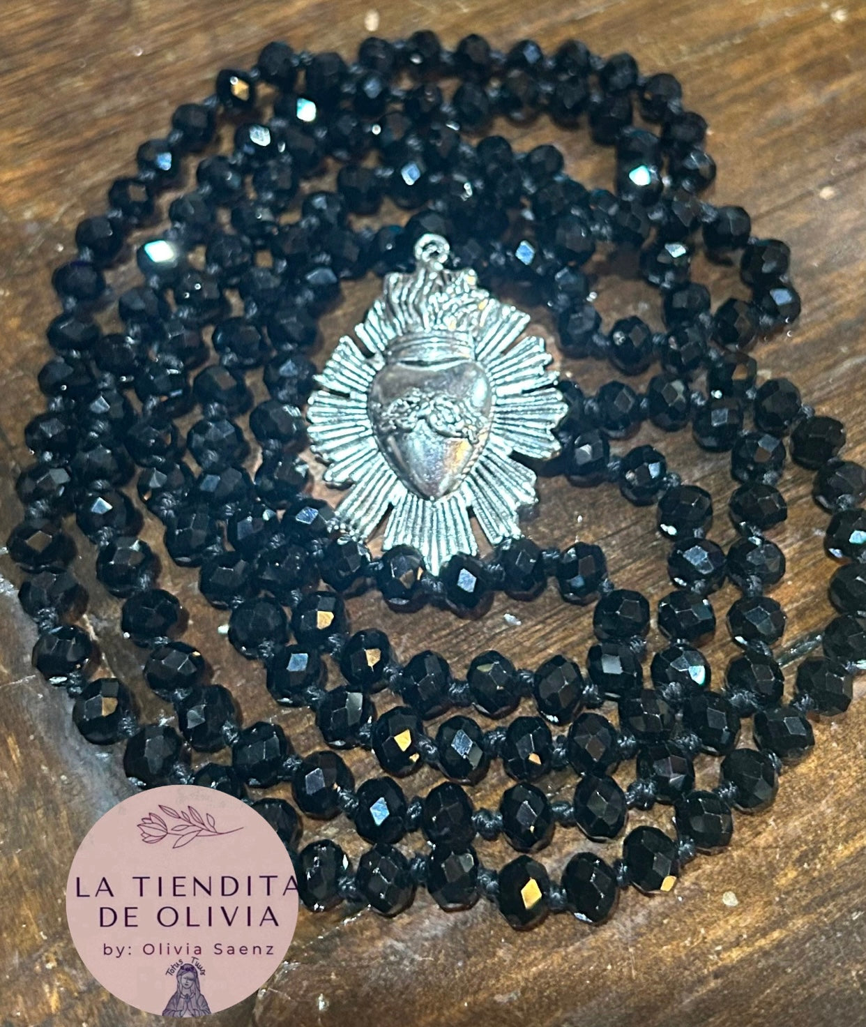 Sagrado Corazón Crystal Necklace Black . 58” long