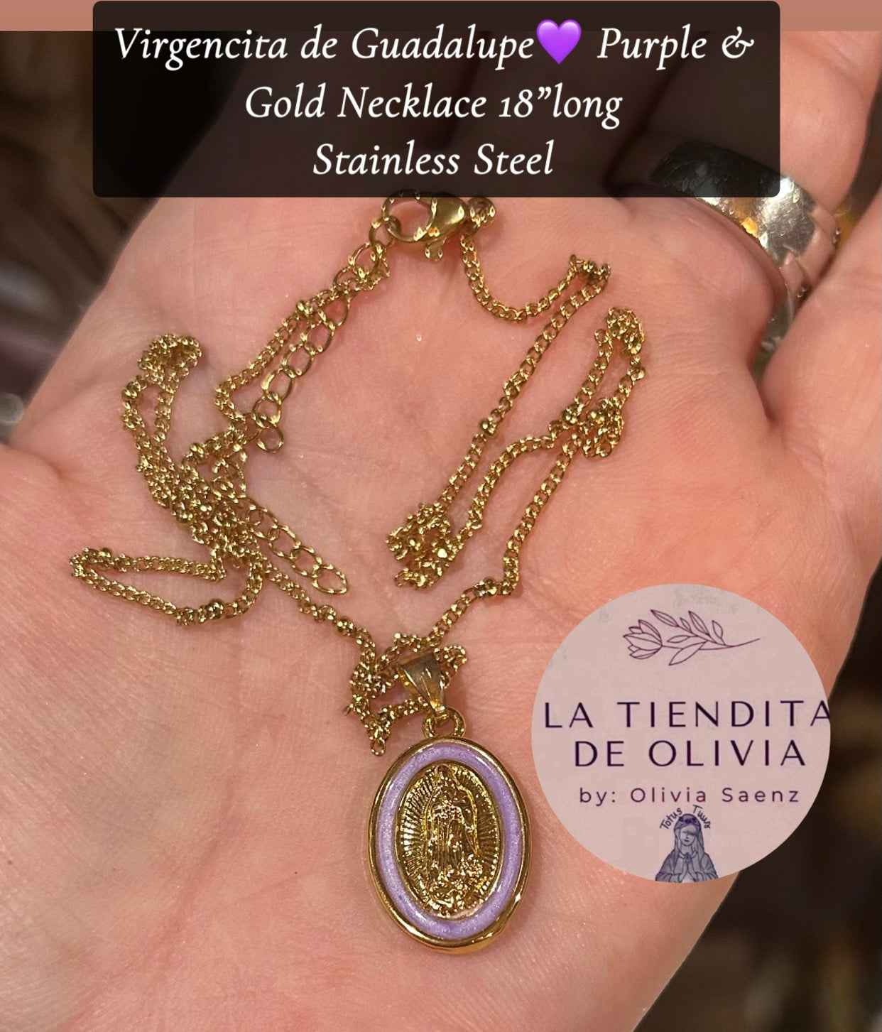 Virgencita de Guadalupe💜 Purple & Gold Necklace 18”long
Stainless Steel
