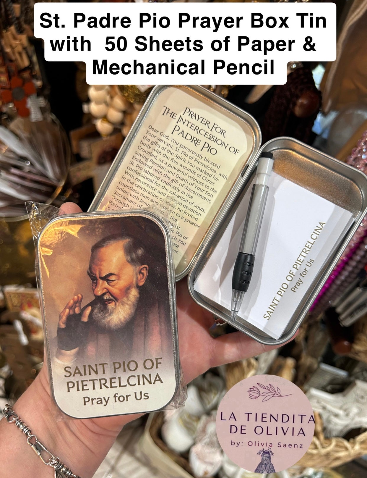 St. Padre Pio Prayer Box Tin with 50 Sheets of Paper & Mechanical Pencil