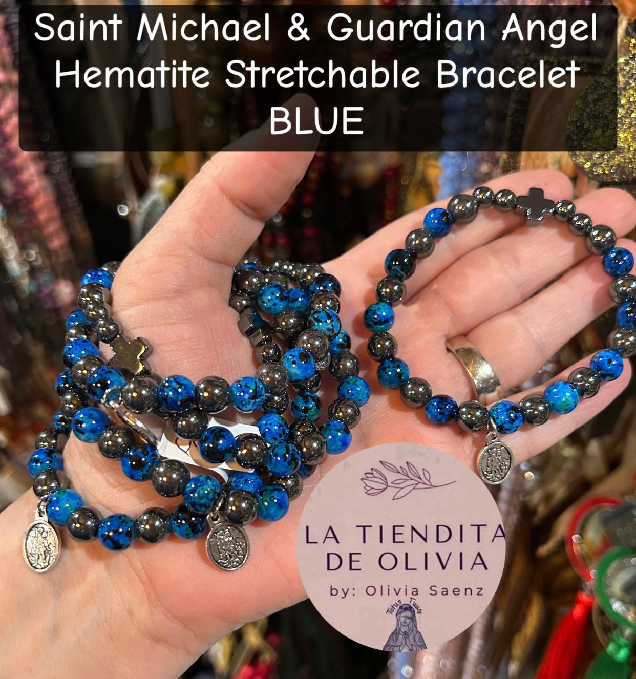 Saint Michael & Guardian Angel Hematite Stretchable Bracelet BLUE