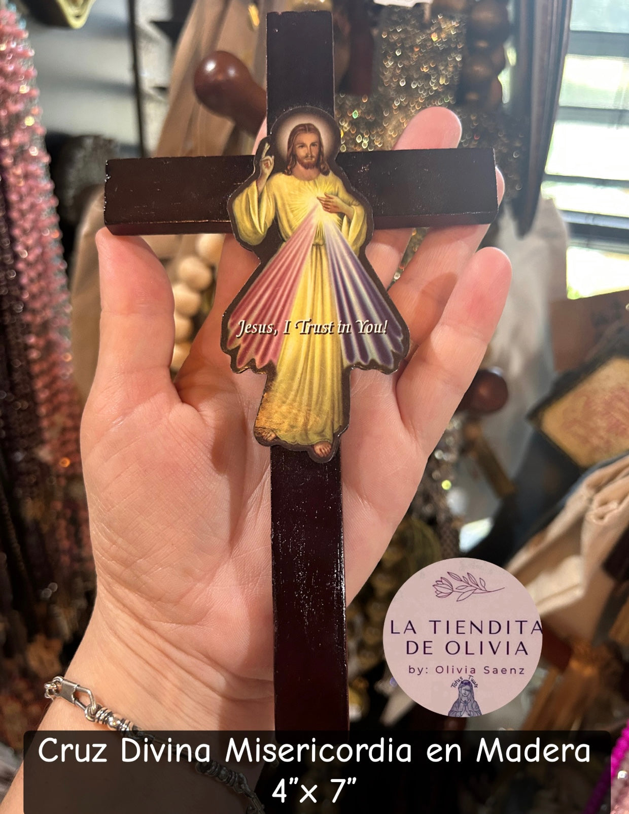 Cruz Divina Misericordia en Madera 4”x 7”