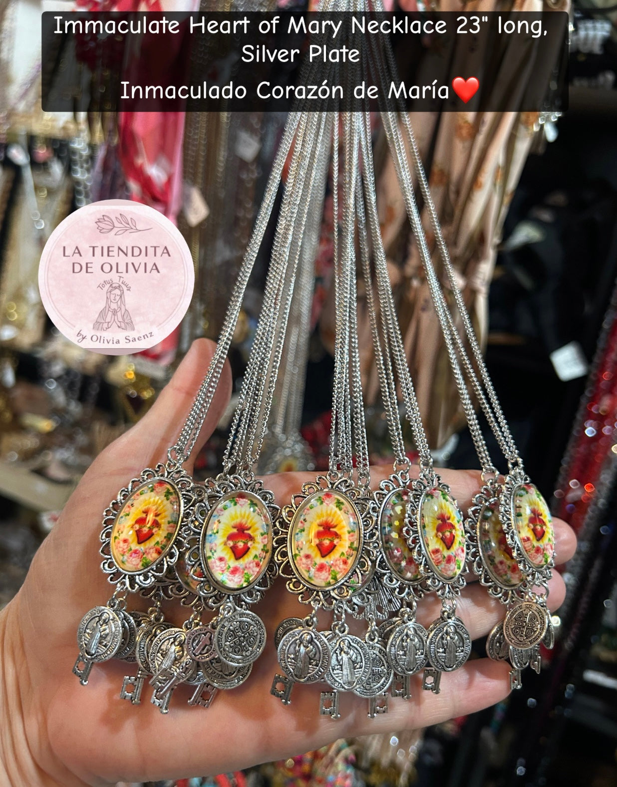 Immaculate Heart of Mary Necklace 23" long, Silver Plate
Inmaculado Corazón de María❤️