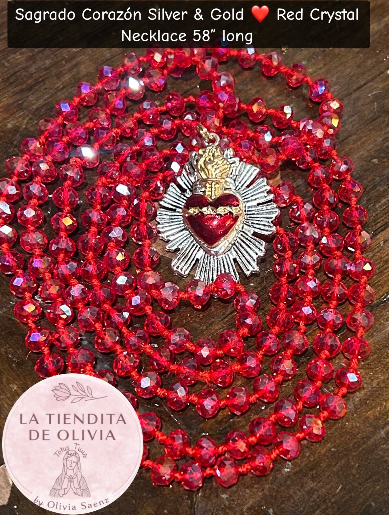 Sagrado Corazón Silver & Gold ❤️ Red Crystal Necklace 58” long