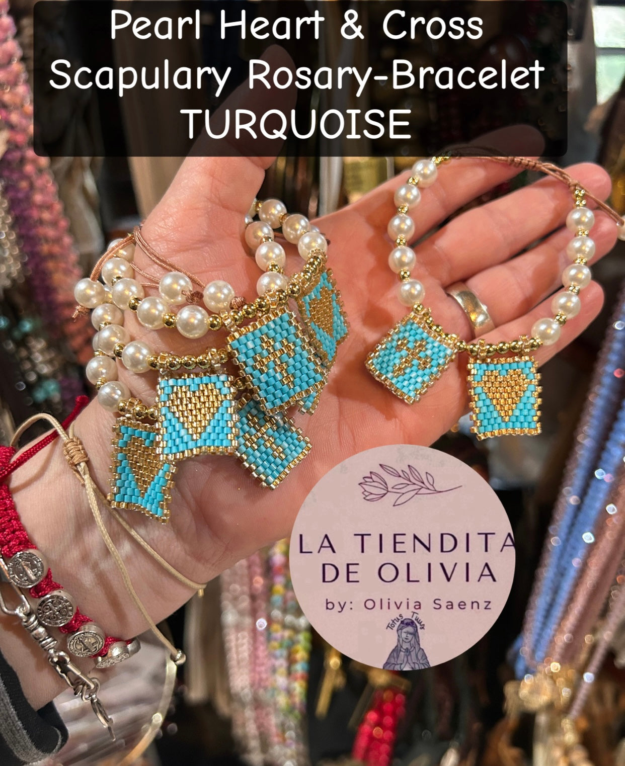 Pearl Heart & Cross Scapulary Rosary-Bracelet TURQUOISE