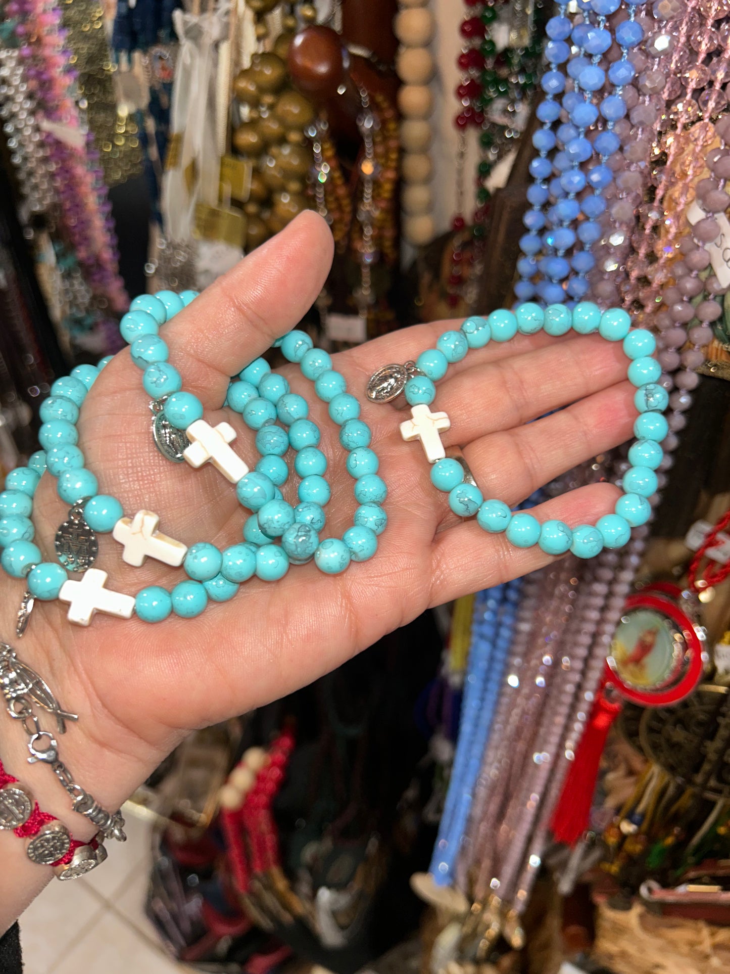 Turquoise Stretch Bracelet with Miraculous Medal