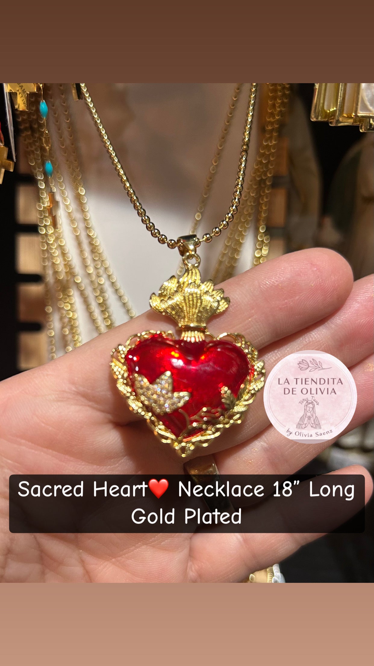 Sacred Heart❤️ Necklace 18” Long Gold Plated