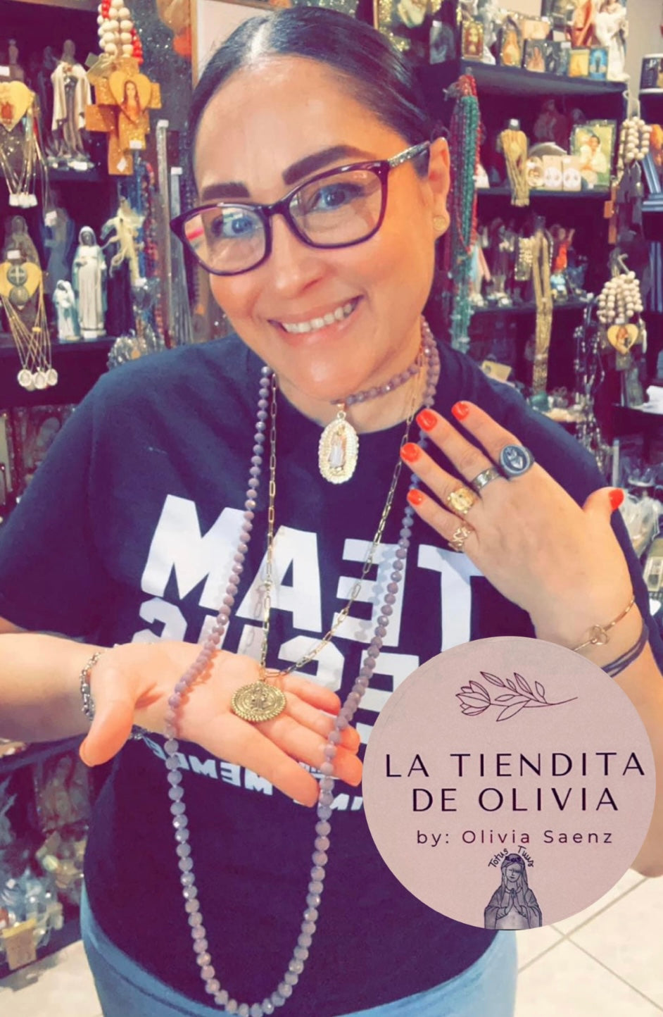 Virgencita de Guadalupe  Crystal Necklace - 58” long Medalla  Oro Laminado