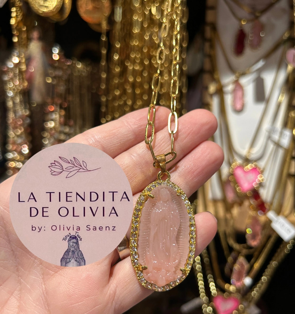 Medalla Virgencita de Guadalupe Rosa 
Paper Clip Necklace Stainless Steel 32” long