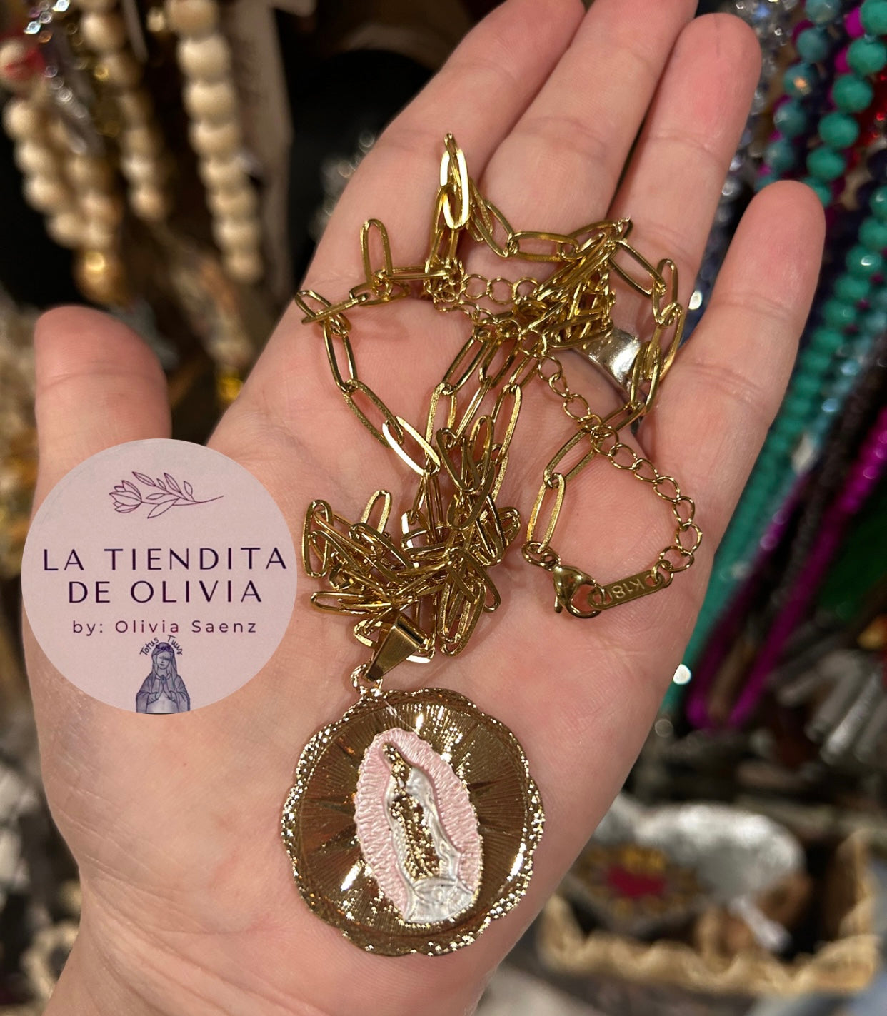 Medalla Virgencita de Guadalupe Oro Laminado 
Paper Clip Necklace Stainless Steel 34” long