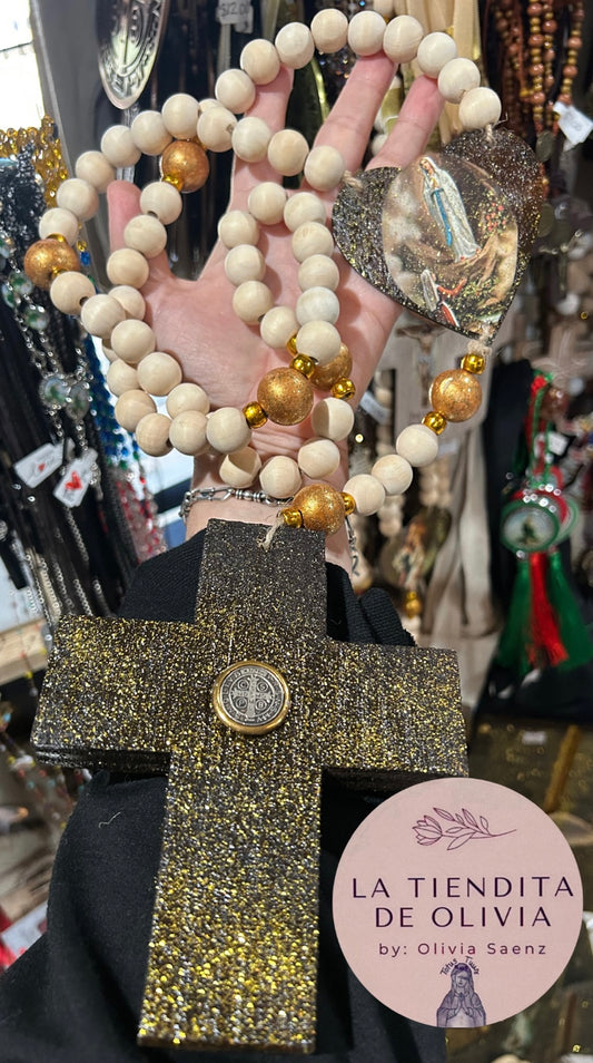 Virgen de Lourdes Rosario Grande de Madera - Elaborado y Diseñado por La Tiendita de Olivia