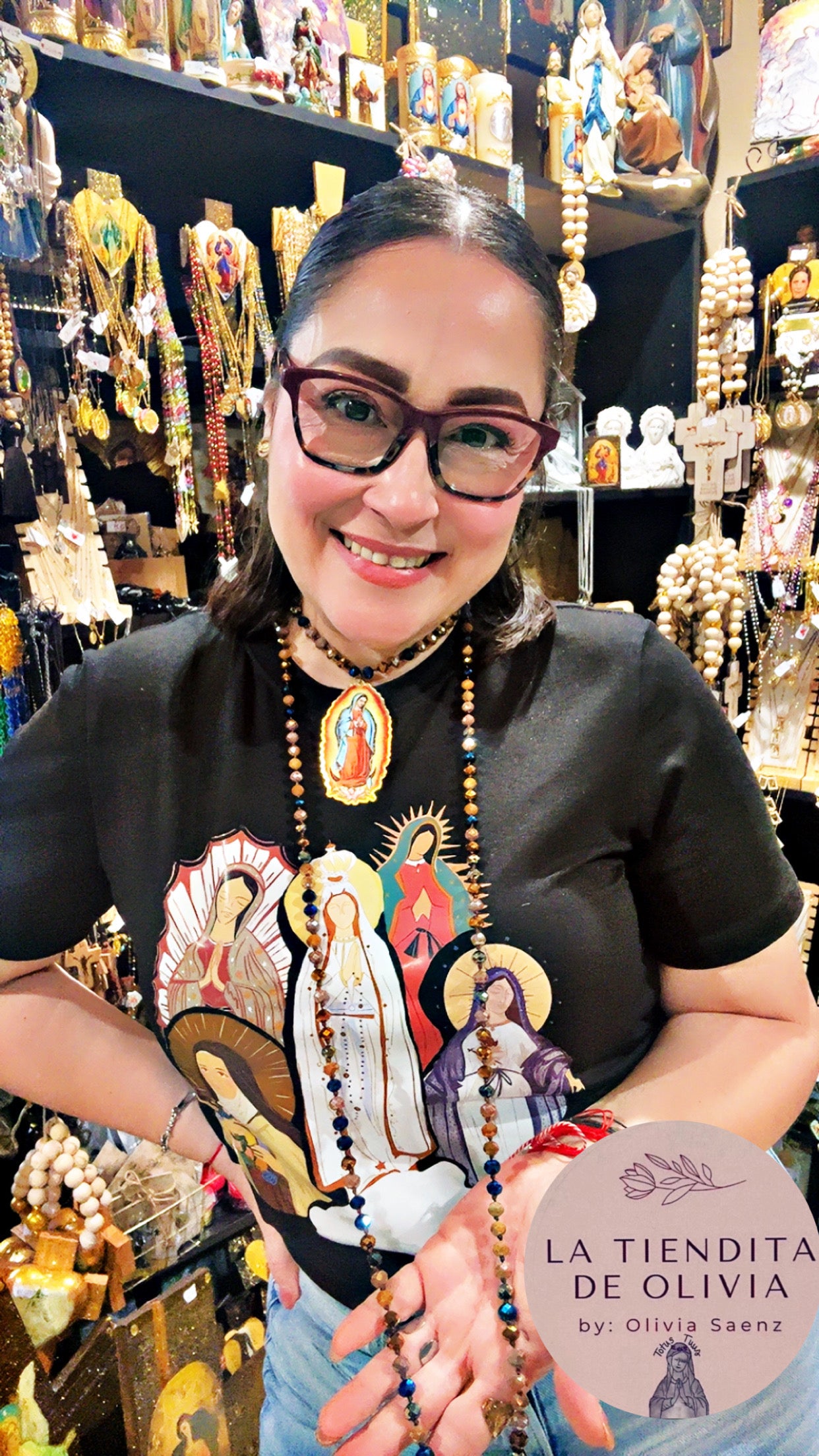 Virgencita de Guadalupe Crystal Necklace - 60” long Color Bronze & Blue