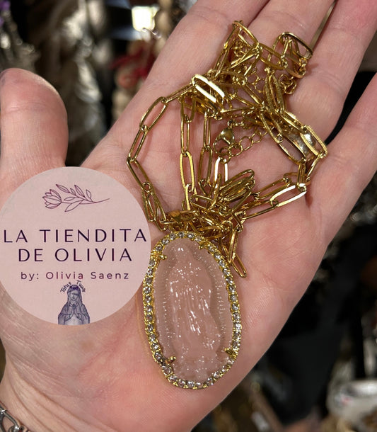 Medalla Virgencita de Guadalupe Rosa 
Paper Clip Necklace Stainless Steel 32” long