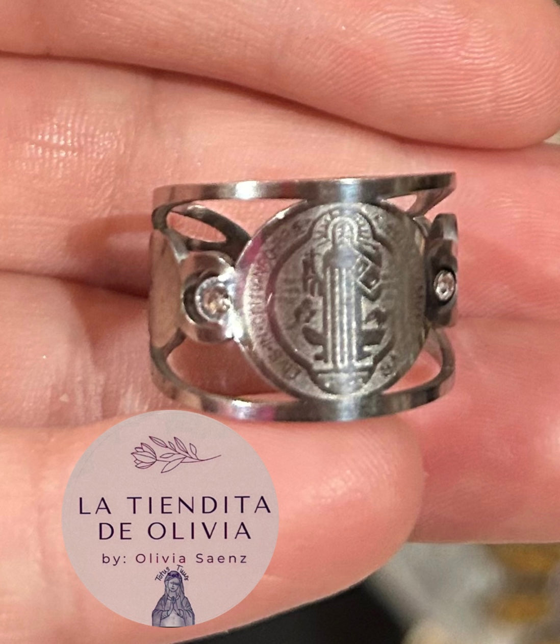 Silver Saint Benedict Ring Adjustable- Stainless Steel