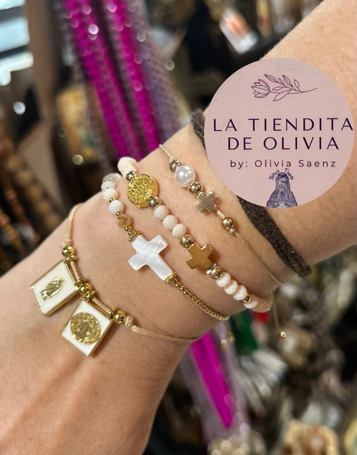 Saint Benedict & Cross Stretch Bracelet Beige