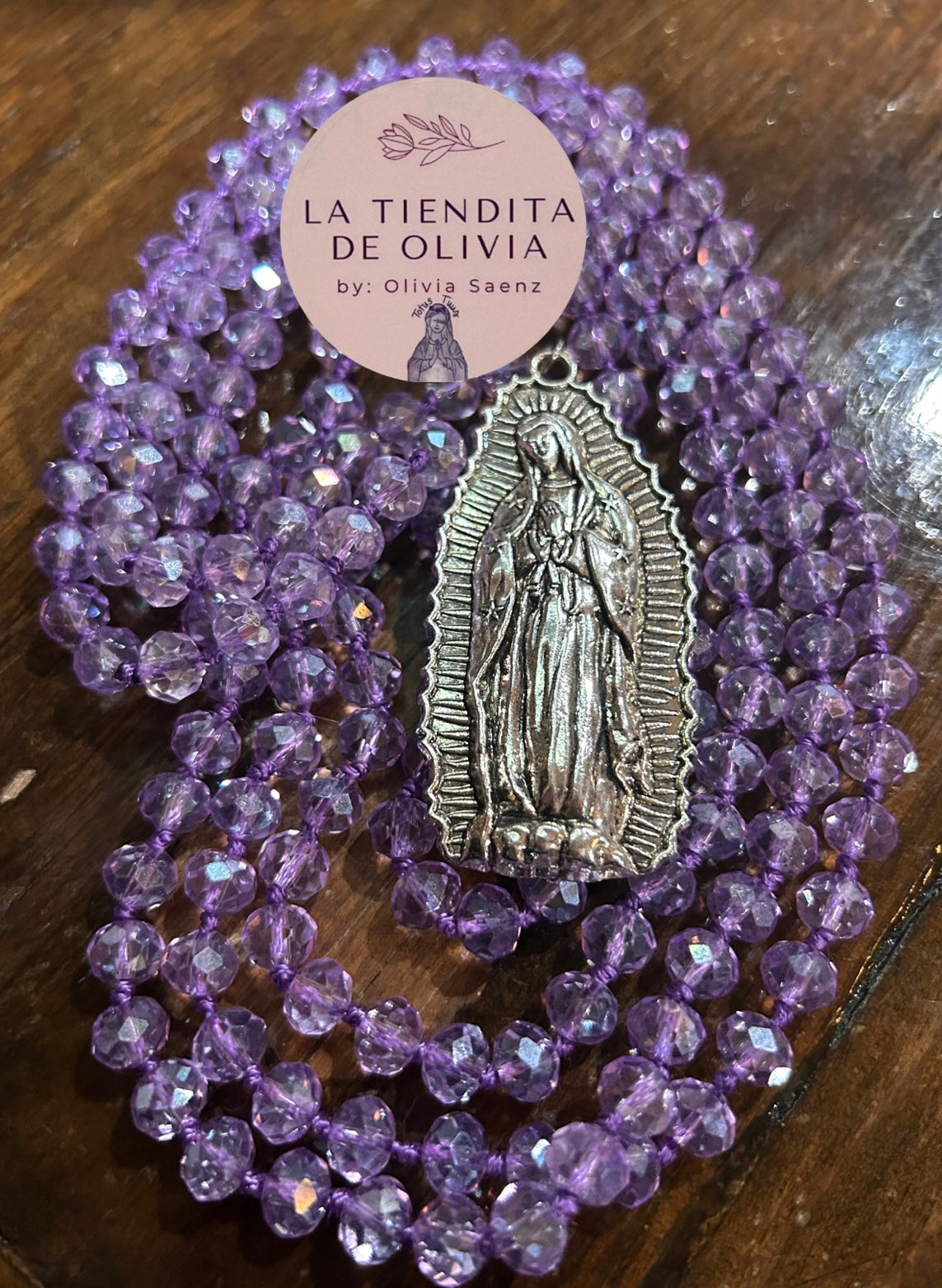 Virgencita de Guadalupe Crystal Necklace - 60” long