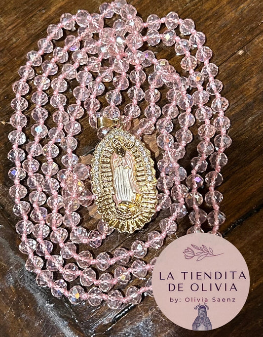 Virgencita de Guadalupe Crystal Necklace - 58” long Medalla Oro Laminado