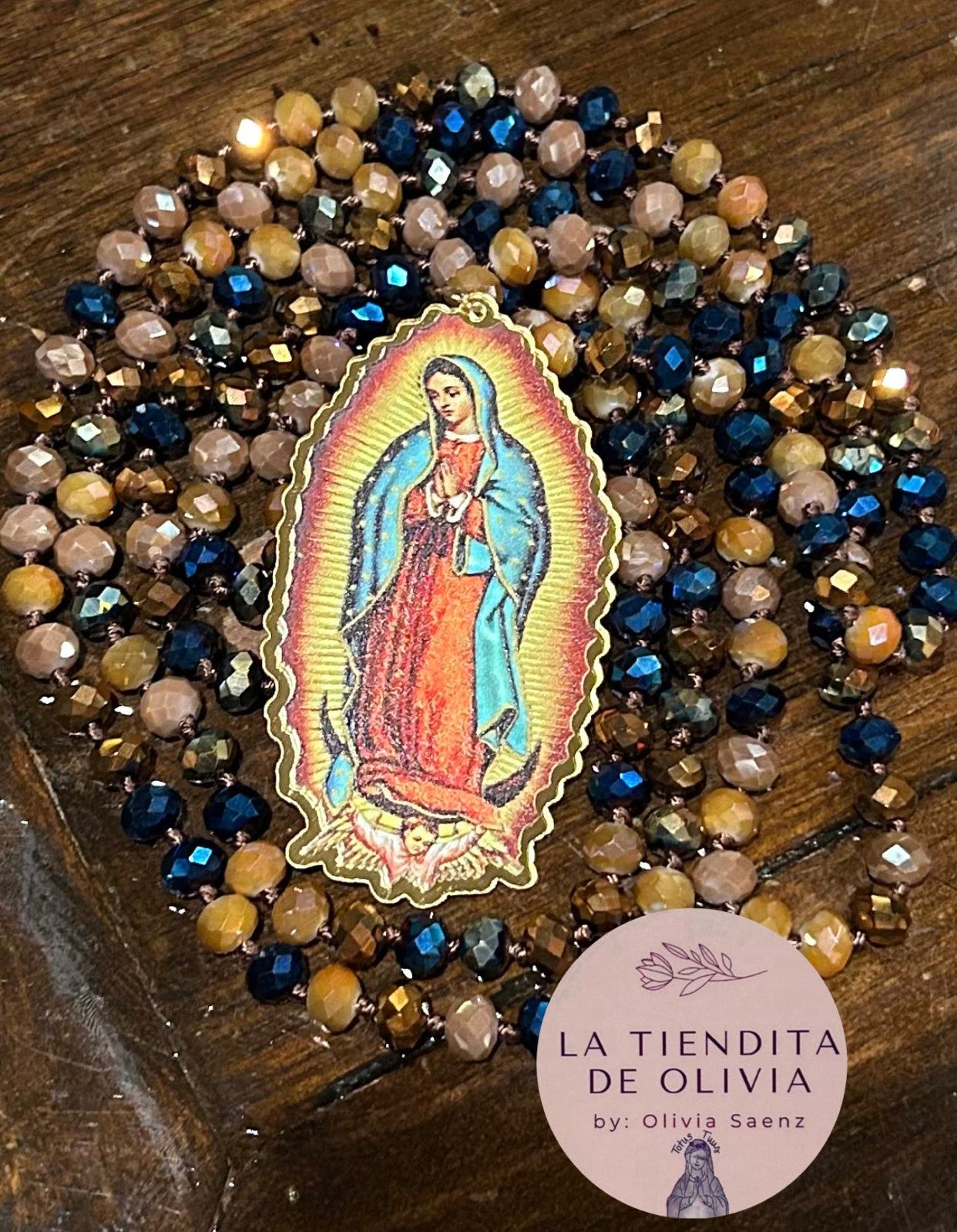 Virgencita de Guadalupe Crystal Necklace - 60” long Color Bronze & Blue