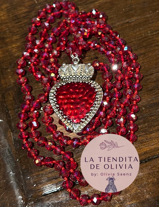 Sacred Heart ❤️ Red Crystal Necklace - 58” long