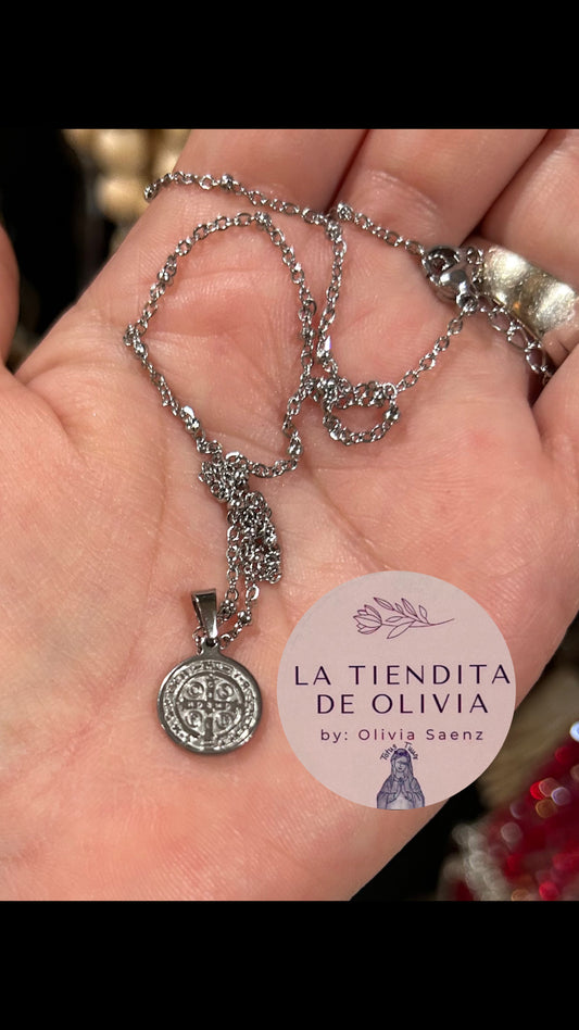 Silver Saint Benedict Necklace 18”long Stainless Steel