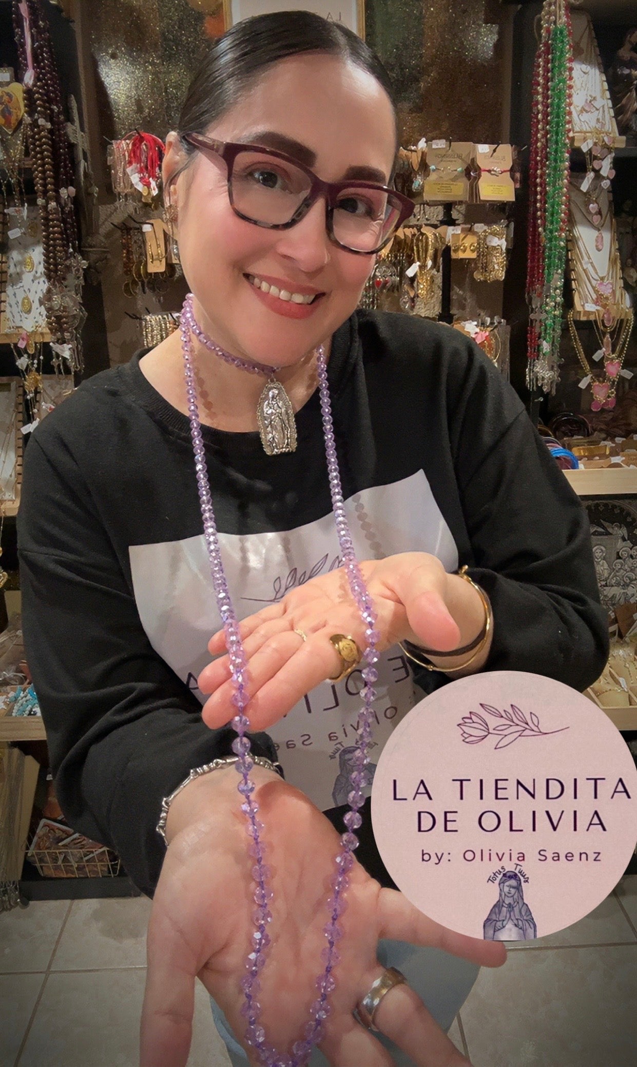 Virgencita de Guadalupe Crystal Necklace - 60” long