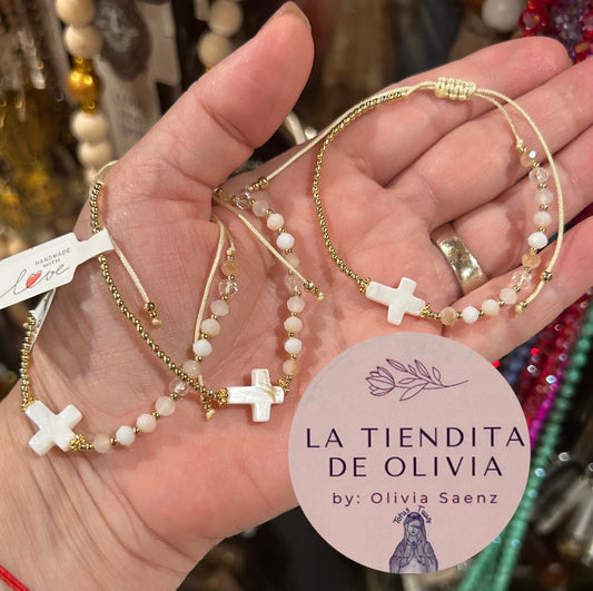 Mother of Pearl Cross Adjustable Bracelet Beige