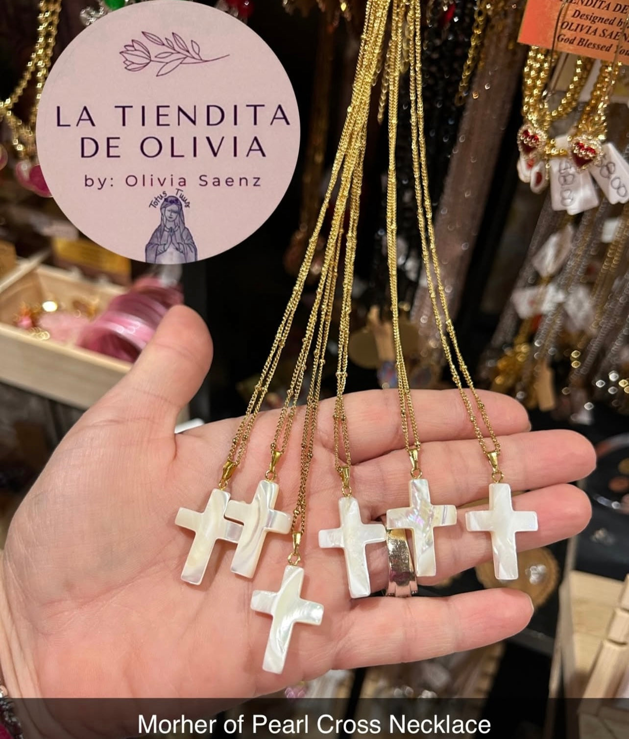 Mother of Pearl Cross Necklace.                Stainless Steel