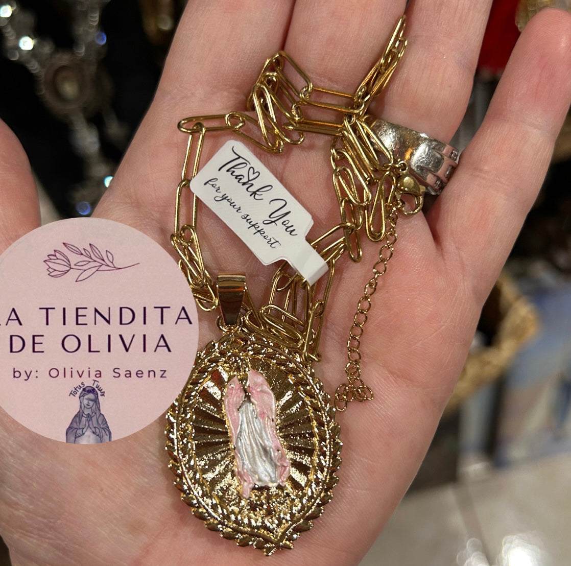 Medalla Virgencita de Guadalupe Oro Laminado 
Paper Clip Necklace Stainless Steel 20”long