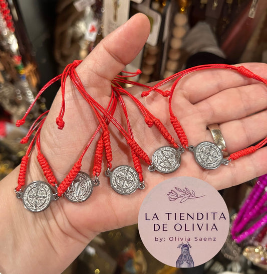 Saint Benedict Silver Medal Stainless Steel Red Bracelet- Adjustable