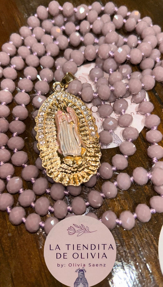 Virgencita de Guadalupe  Crystal Necklace - 58” long Medalla  Oro Laminado
