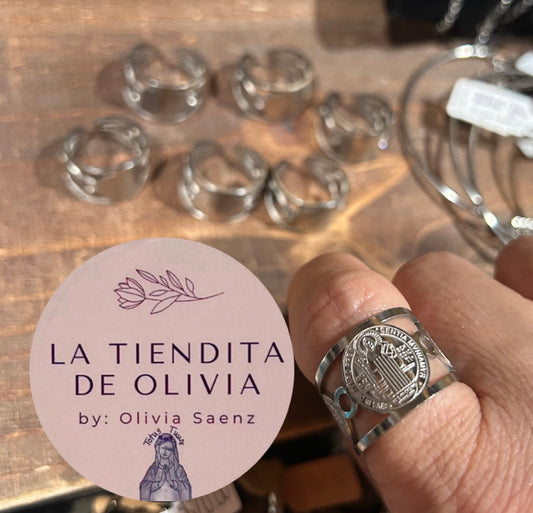 Silver Saint Benedict Ring Adjustable- Stainless Steel