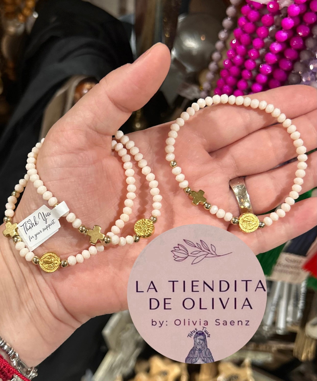 Saint Benedict & Cross Stretch Bracelet Beige