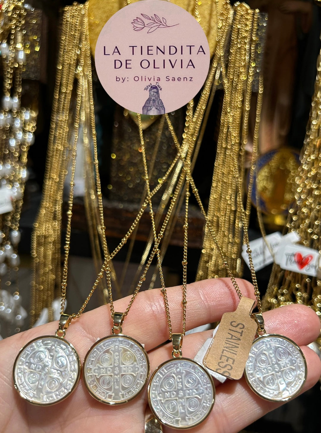 Mother of Pearl Saint Benedict  Necklace Stainless Steel