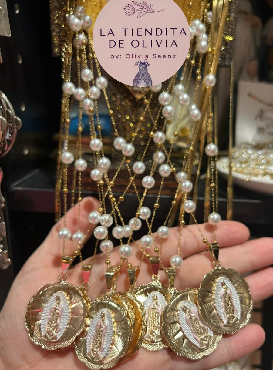 Stainless Steel Pearl Necklace Virgencita de Guadalupe