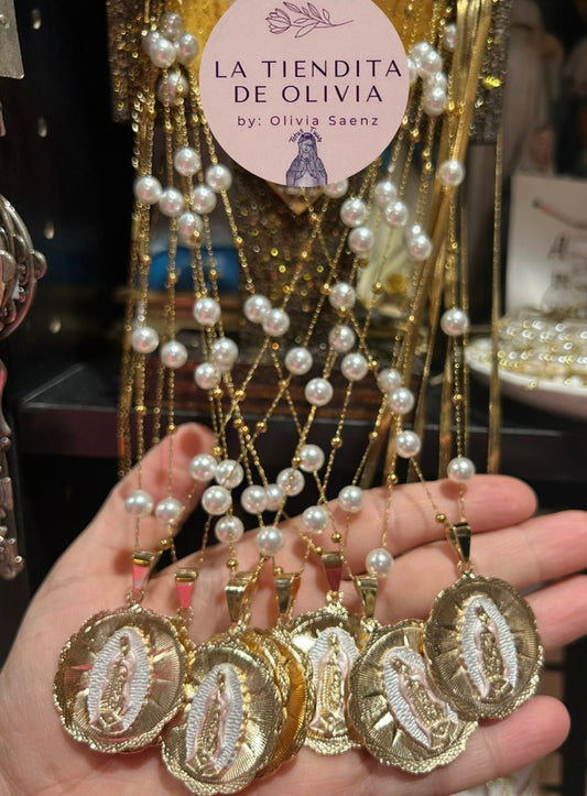 Stainless Steel Pearl Necklace Virgencita de Guadalupe