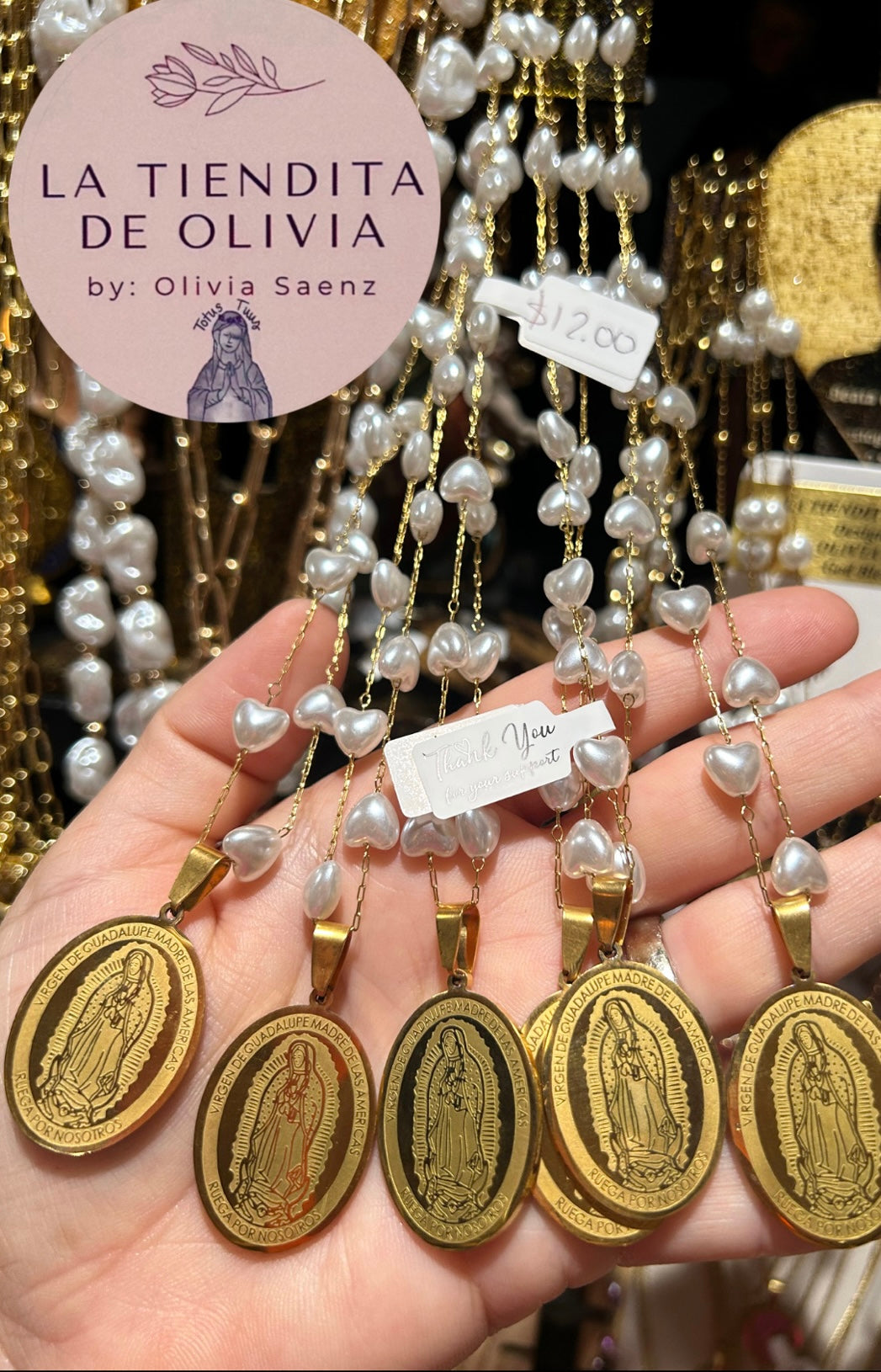 Virgencita de Guadalupe Pearl Heart Necklace 
Stainless Steel