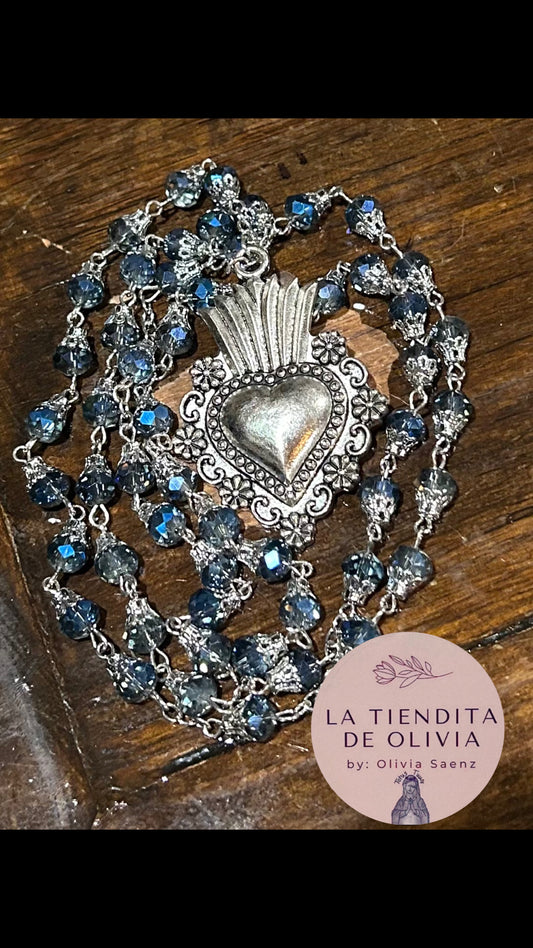 Sacred Heart Crystal Rosary-Necklace 34”long